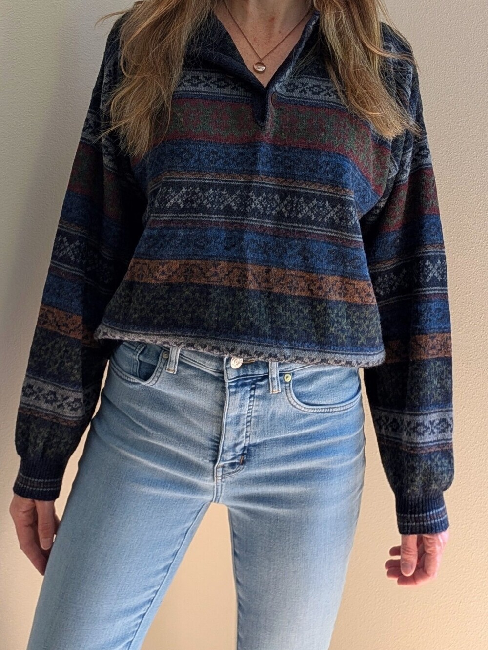 Vintage Abstract Geometric Collared Henley Sweater In Navy Blue/Burgundy